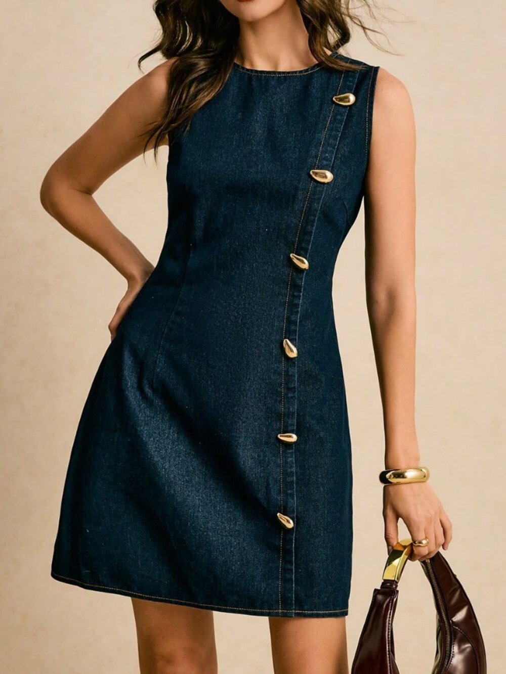 Dark Wash Casual Women's Sleeveless Button-Front Short Dress with Fitted Waist - Picture 7 of 8
